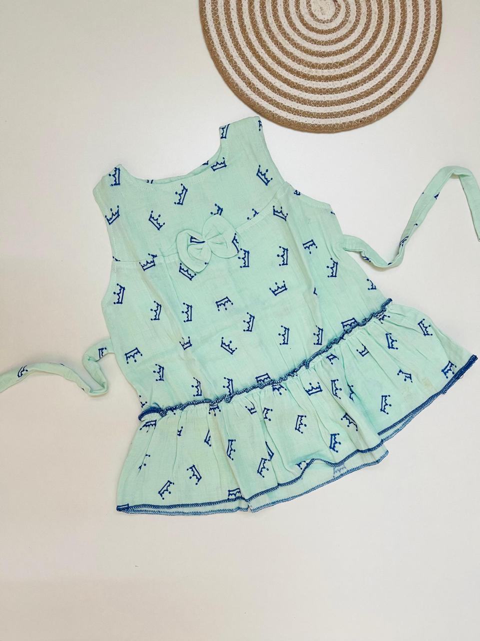 Mint Green Crown Print Muslin Frill Top for Baby Girls – Back Button Frock