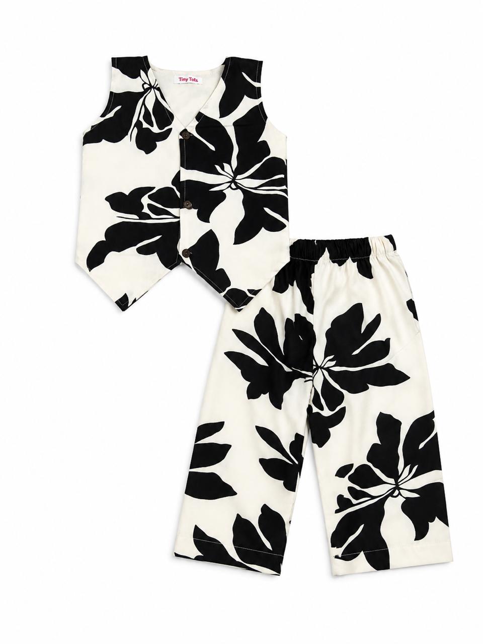Black & Half White Floral Cotton Co-Ord Set for Baby Girls