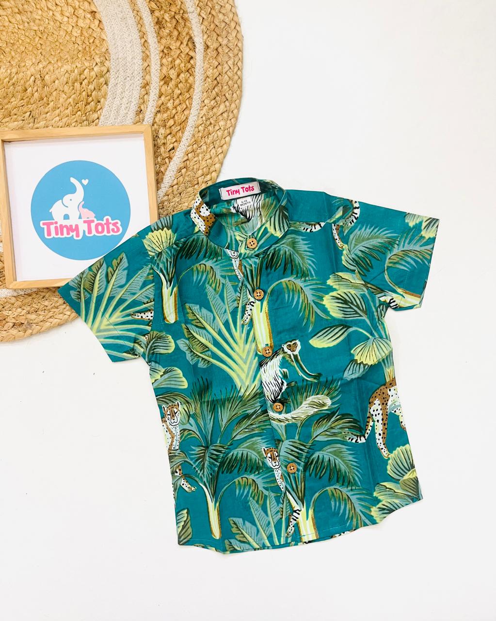 Baby Boy Jungle Print Shirt – Teal Green Safari Theme