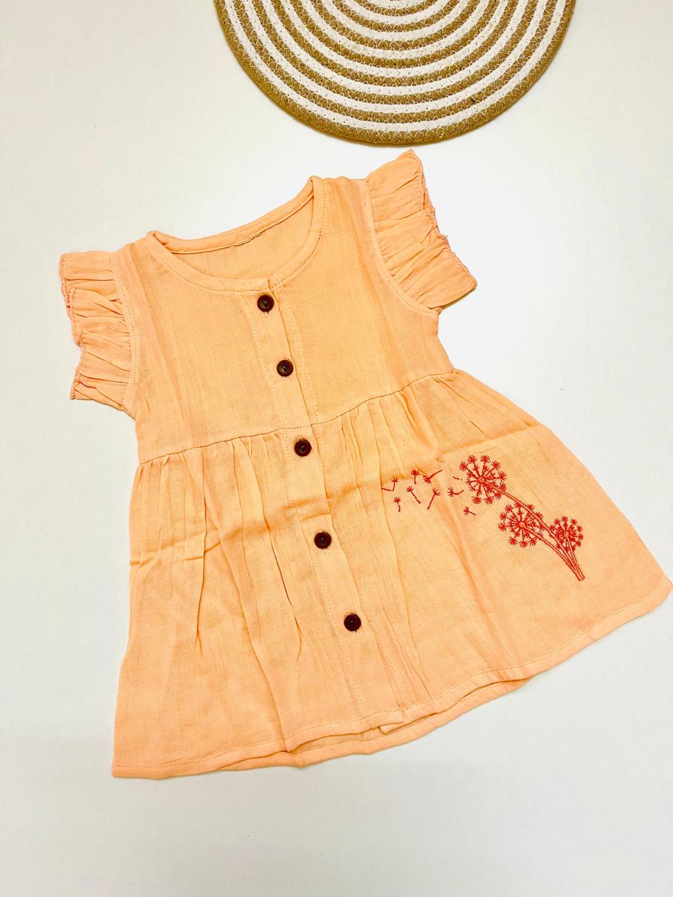 Muslin Front Button Sleeve Frock with Embroidery– Orange