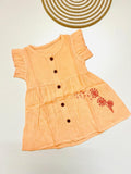 Muslin Front Button Sleeve Frock with Embroidery– Orange