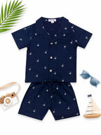 Navy Palm Print Cotton Co-Ord Set – Cuban Collar