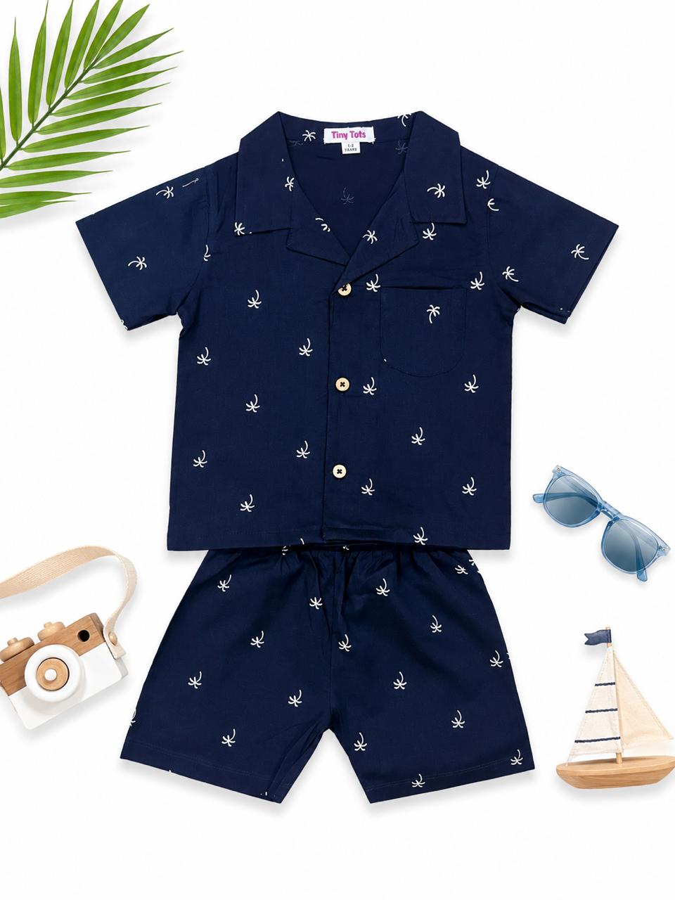 Navy Palm Print Cotton Co-Ord Set – Cuban Collar