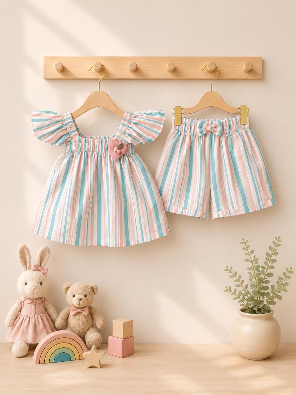 Pastel Stripe Flutter Sleeve Cotton Co-Ord Set for Baby Girls