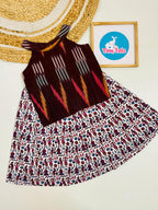 Maroon Ikat Top with Folk Print Skirt Set