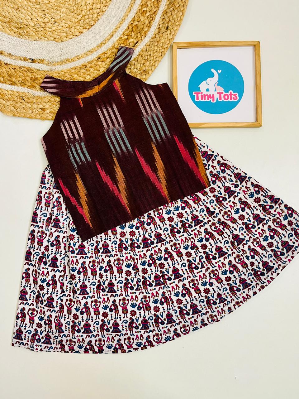 Maroon Ikat Top with Folk Print Skirt Set