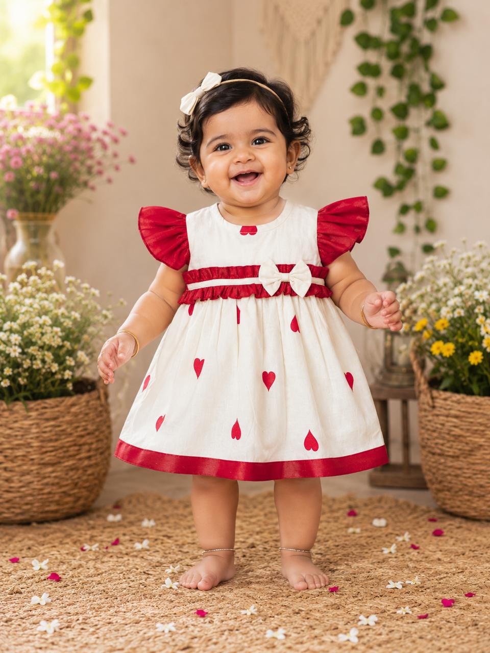 Heart Print Tissue Party Frock with Frill Sleeves & Bow – Red & Ivory