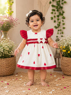 Heart Print Tissue Party Frock with Frill Sleeves & Bow – Red & Ivory