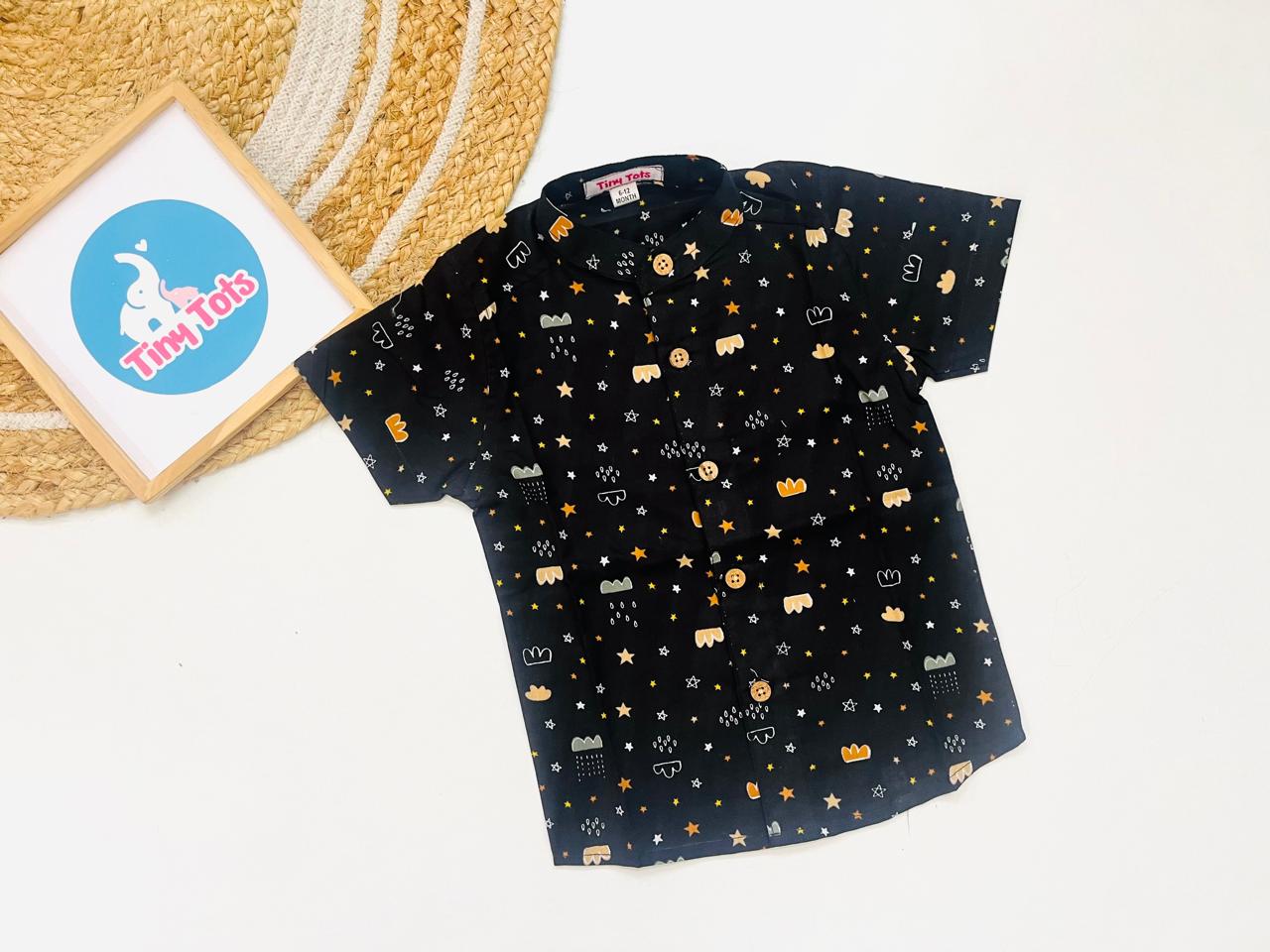 Baby Boy Black Printed Shirt – Cute Star and Cloud Design
