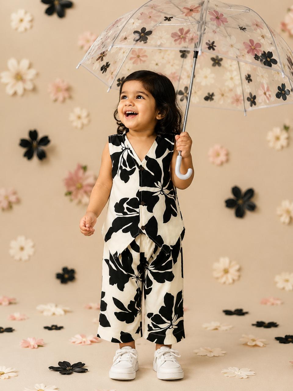 Black & Half White Floral Cotton Co-Ord Set for Baby Girls