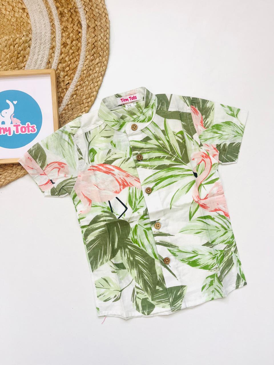 Baby Boy Tropical Flamingo Print Shirt – White and Green Summer Style