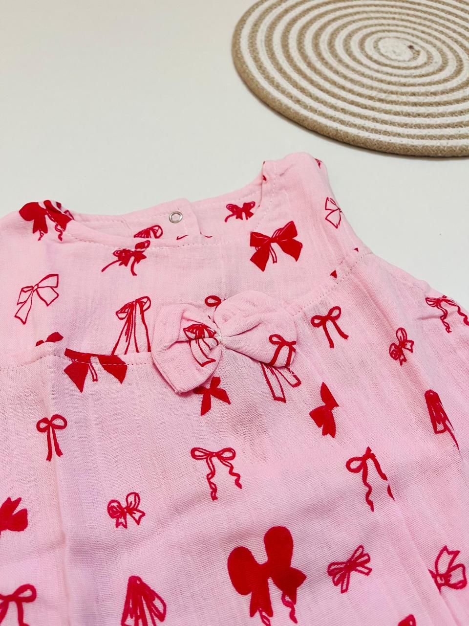 Pink Bow Print Muslin Frill Top for Baby Girls – Back Button Frock