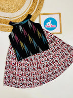 Midnight Black Ikat Top with Folk Print Skirt Set
