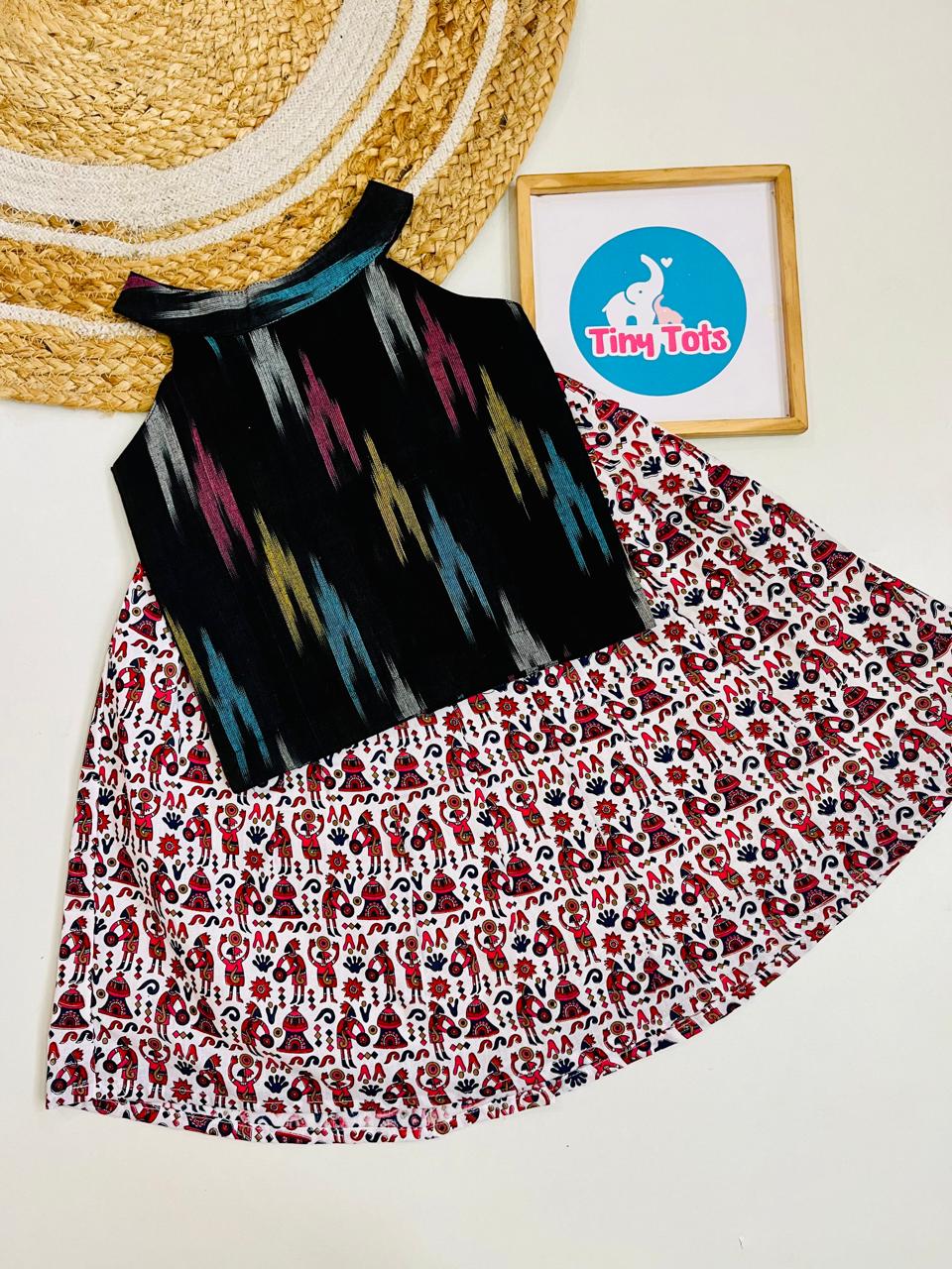 Midnight Black Ikat Top with Folk Print Skirt Set