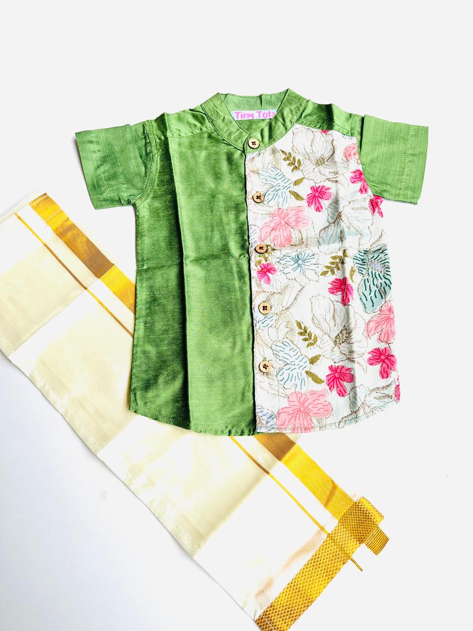 Pistachio Green Silk Panel Shirt with White Pattu Dhoti for Boys – Traditional Festive Set