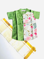 Pistachio Green Silk Panel Shirt with White Pattu Dhoti for Boys – Traditional Festive Set