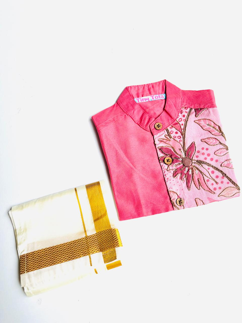Hot Pink Silk Panel Shirt with White Pattu Dhoti for Boys – Traditional Festive Set