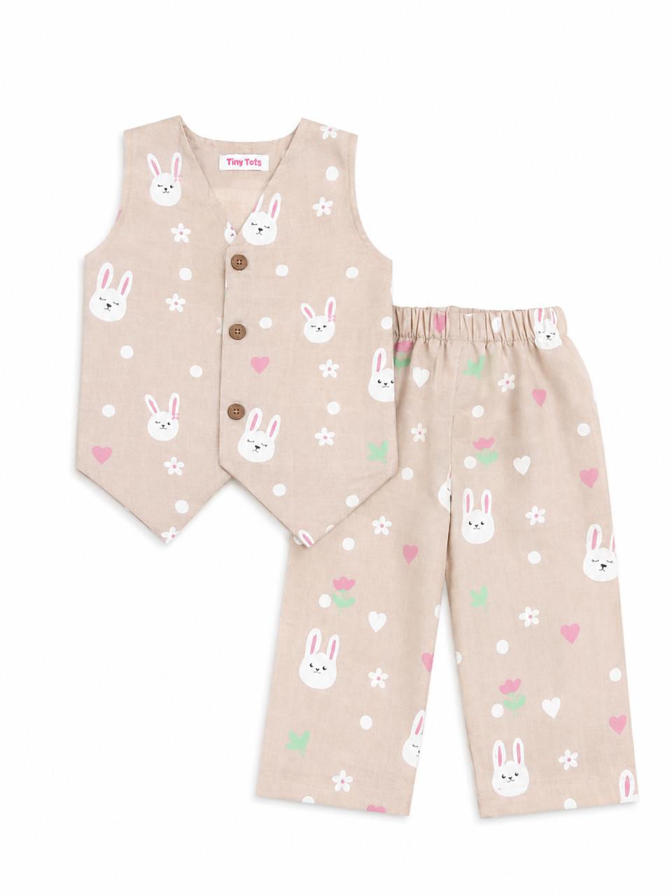 Beige Bunny Print Muslin Cotton Co-Ord Set for Baby Girls