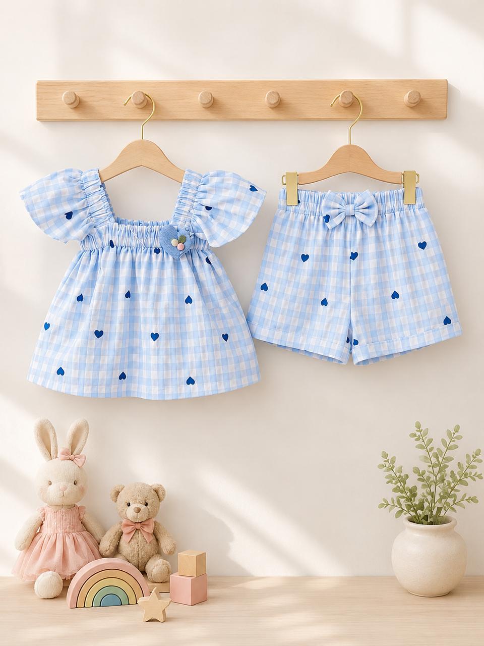 Sky Blue Heart Gingham Co-Ord Set for Baby Girls