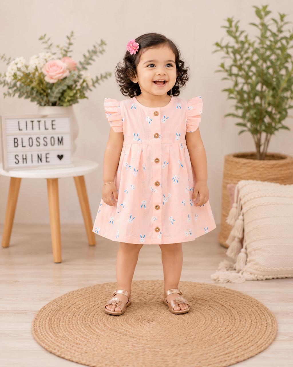 Peach Bunny Print Cotton Baby Frock – Cute & Comfortable New Collection