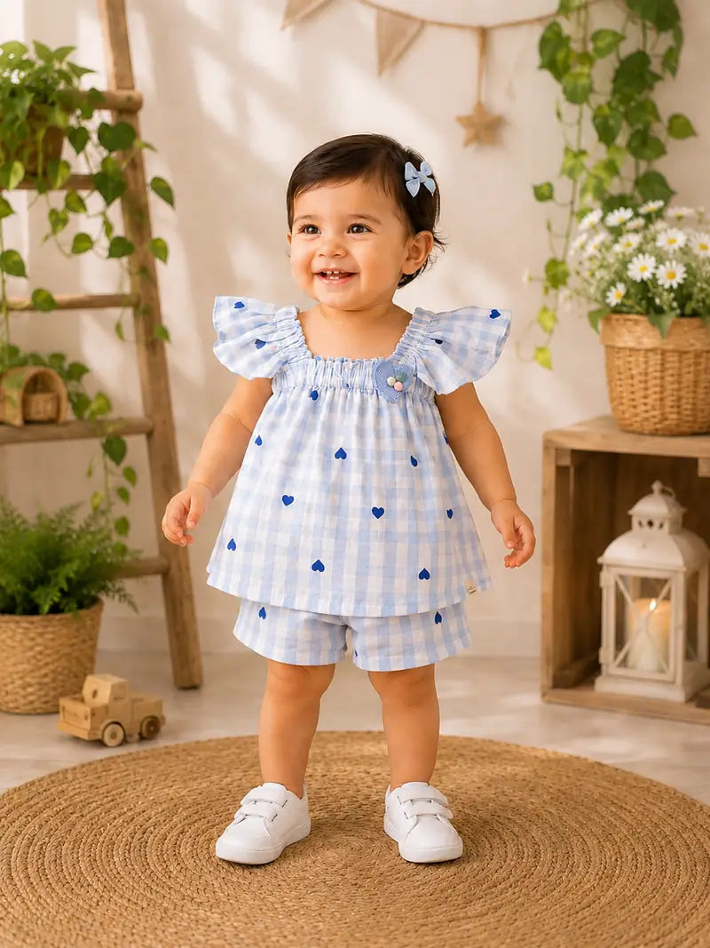 Sky Blue Heart Gingham Co-Ord Set for Baby Girls