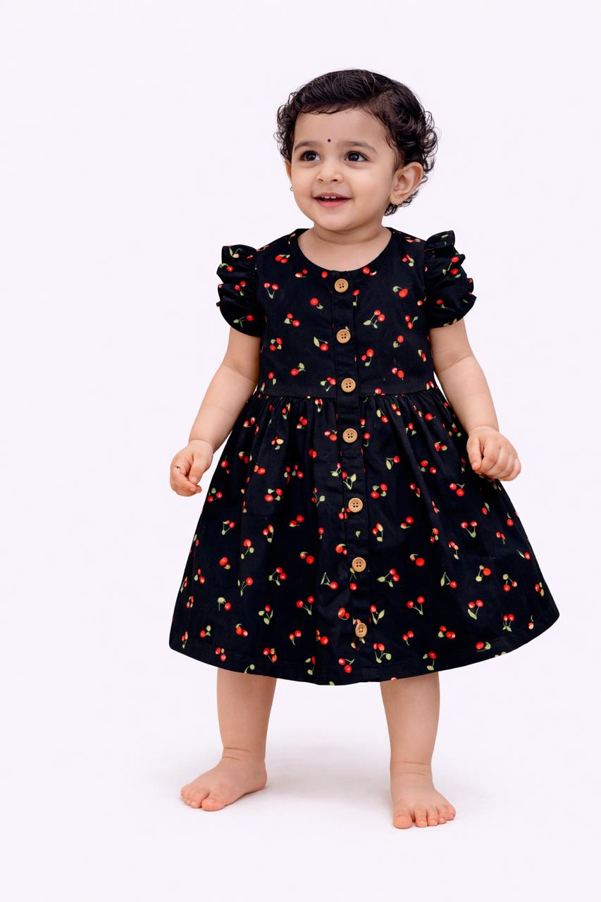 Girls Black Cotton Cherry Print Frock – Cute & Comfortable New Collection