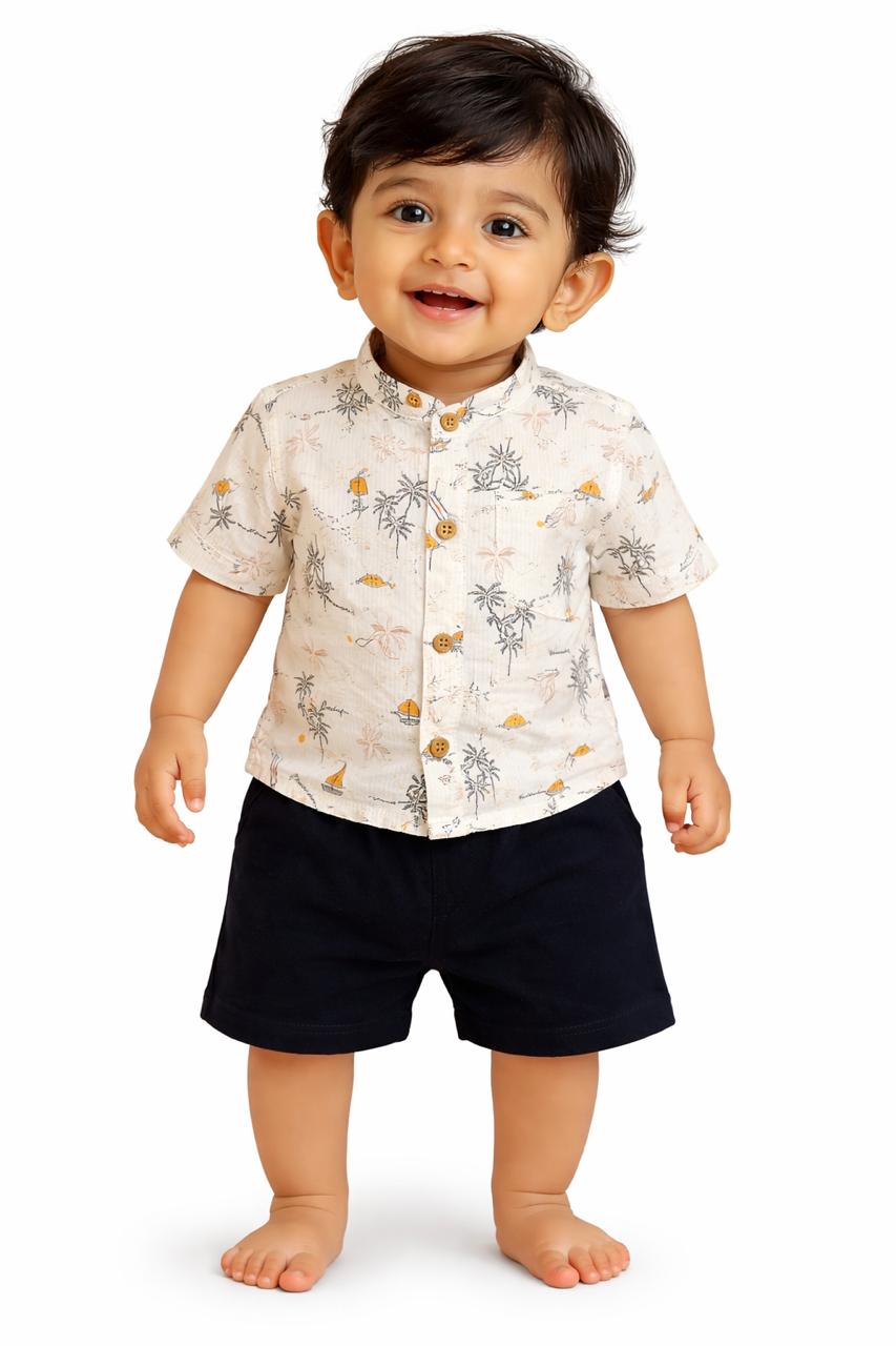 Baby Boy Summer Shirt & Shorts Set – Cream Color (Palm Print Beach Style)