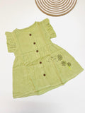 Muslin Front Button Sleeve Frock with Embroidery – Green