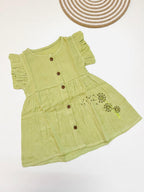 Muslin Front Button Sleeve Frock with Embroidery – Green