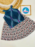 Teal Ikat Top with Folk Print Skirt Set