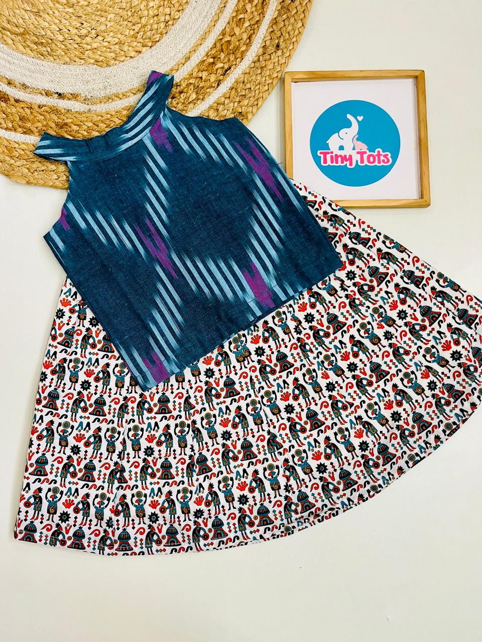 Teal Ikat Top with Folk Print Skirt Set