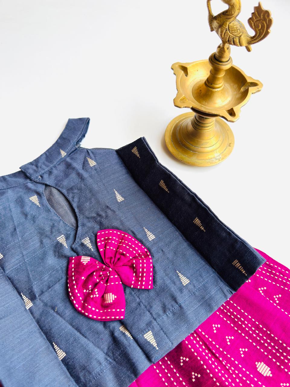 Traditional Raw Silk Pattu Frock Set for Girls – Blue & Magenta with Back Bow Design