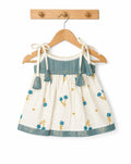 Floral Tie-Up Cotton Baby Frock – Teal Blue & Cream