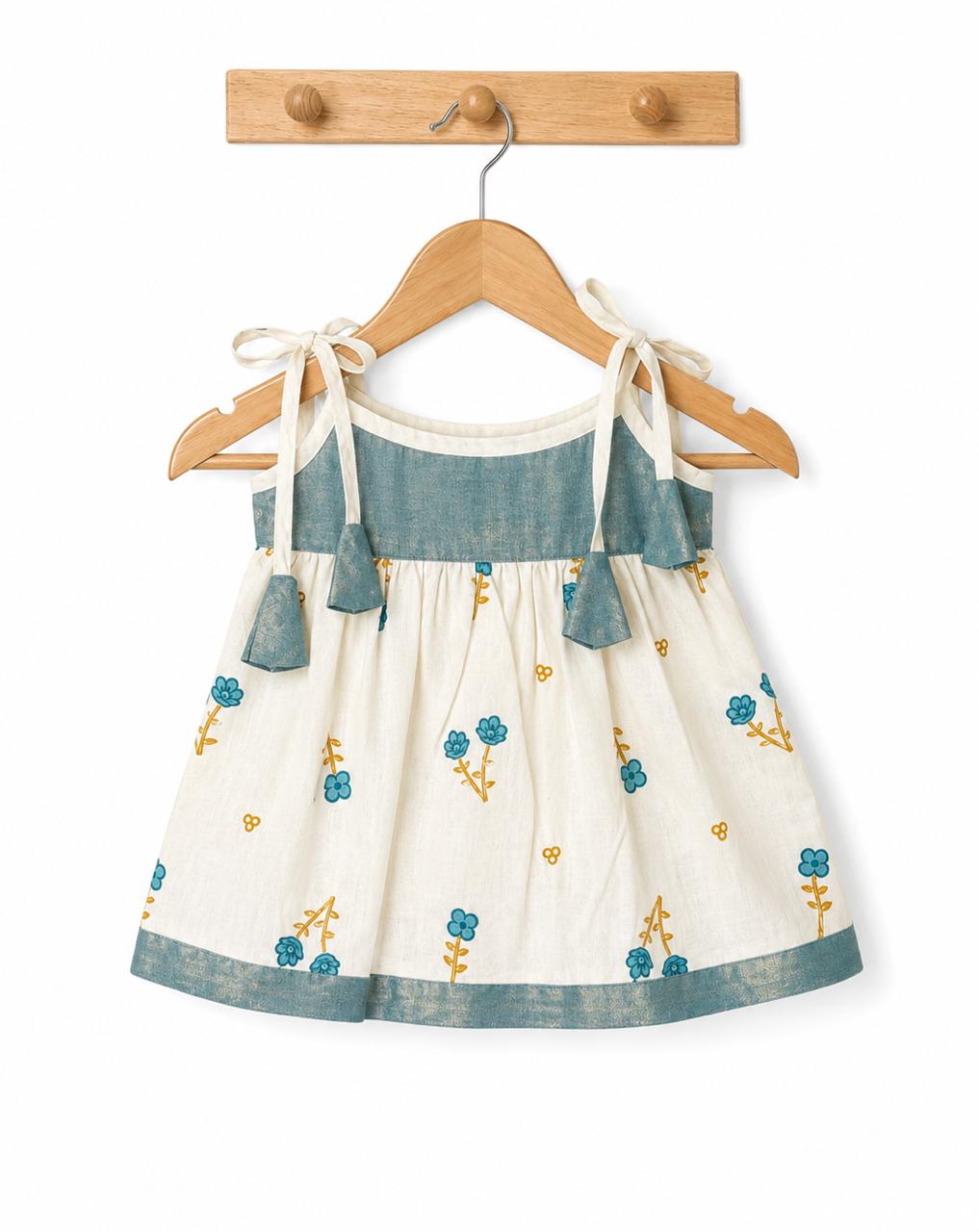 Floral Tie-Up Cotton Baby Frock – Teal Blue & Cream
