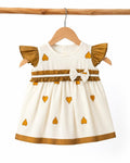 Heart Print Tissue Party Frock with Soft Cotton Lining – Mustard & Ivory