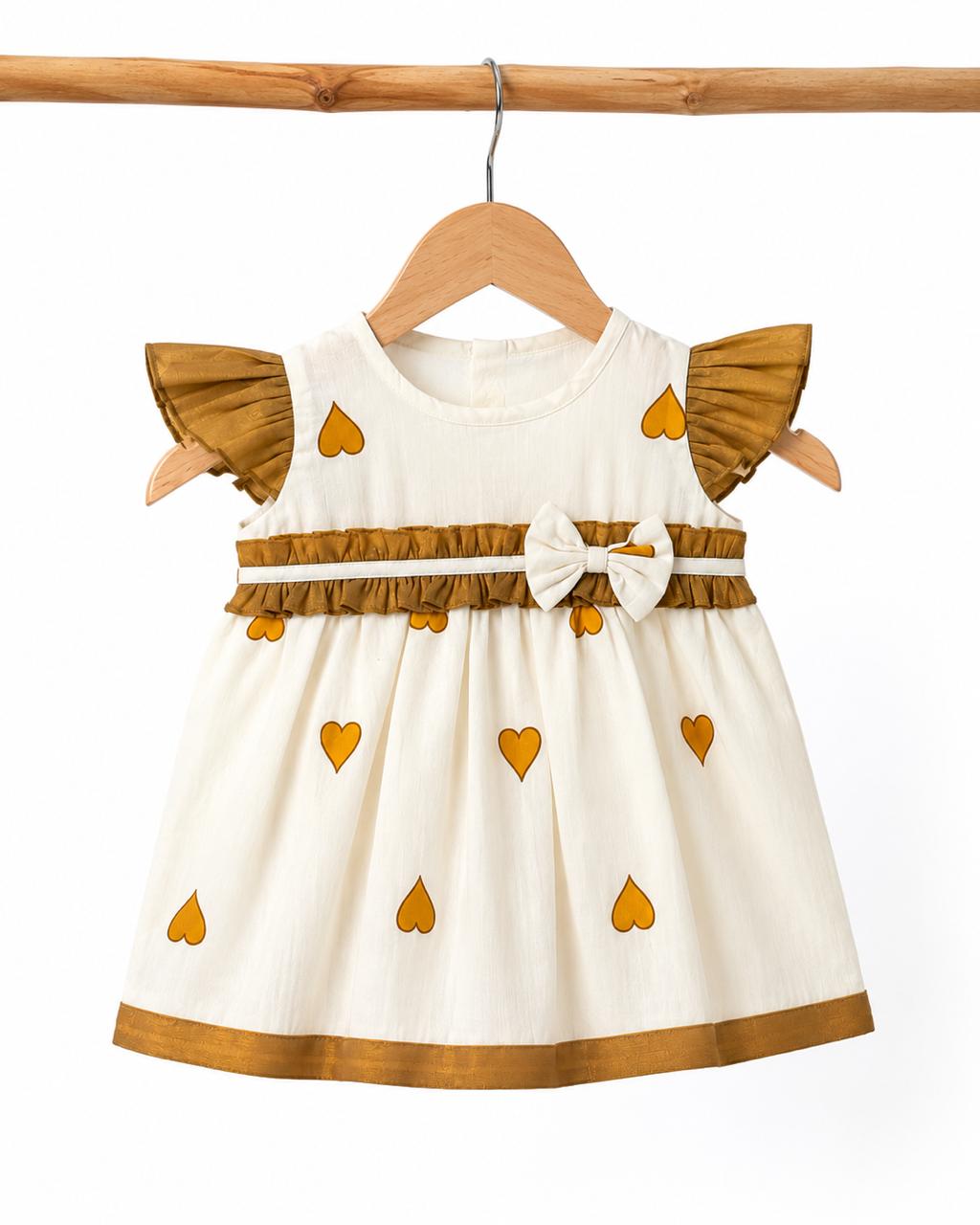 Heart Print Tissue Party Frock with Soft Cotton Lining – Mustard & Ivory