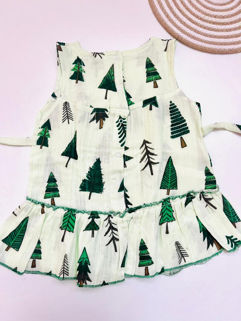 Green Pine Tree Print Muslin Frill Top for Baby Girls – Back Button Frock