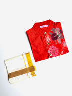 Red Silk Panel Shirt with White Pattu Dhoti for Boys – Traditional Festive Set