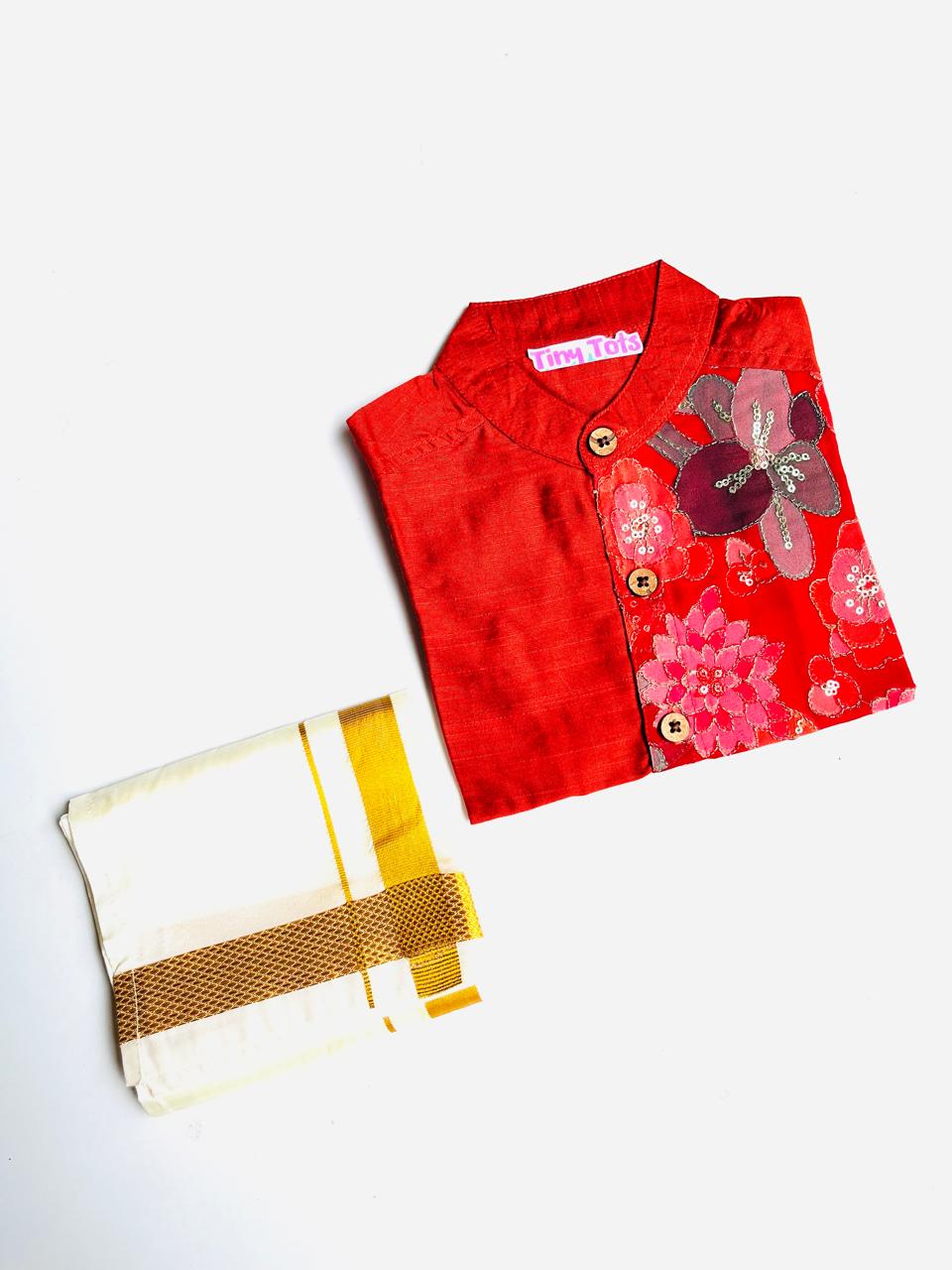 Red Silk Panel Shirt with White Pattu Dhoti for Boys – Traditional Festive Set