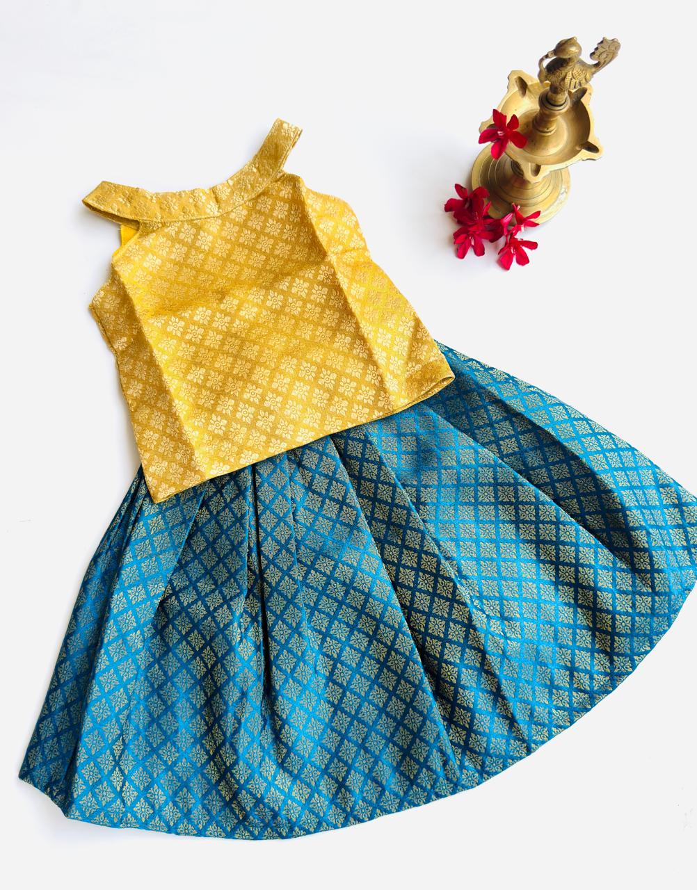 Banarasi Pattu Pavadai Set – Golden Yellow & Peacock Blue