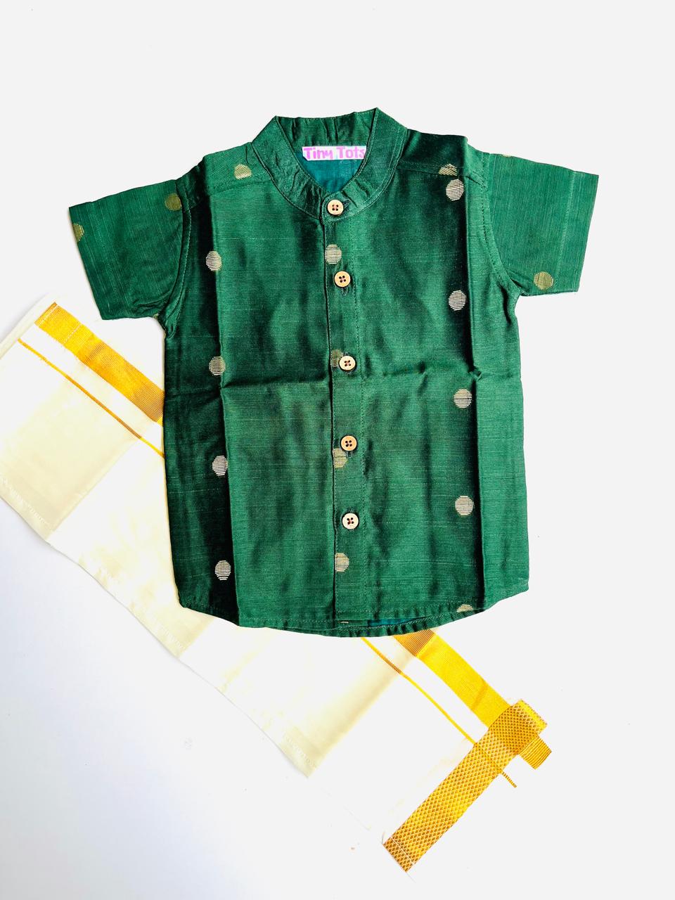 Bottle Green Silk Butta Shirt with White Pattu Dhoti for Boys – Traditional Festive Set