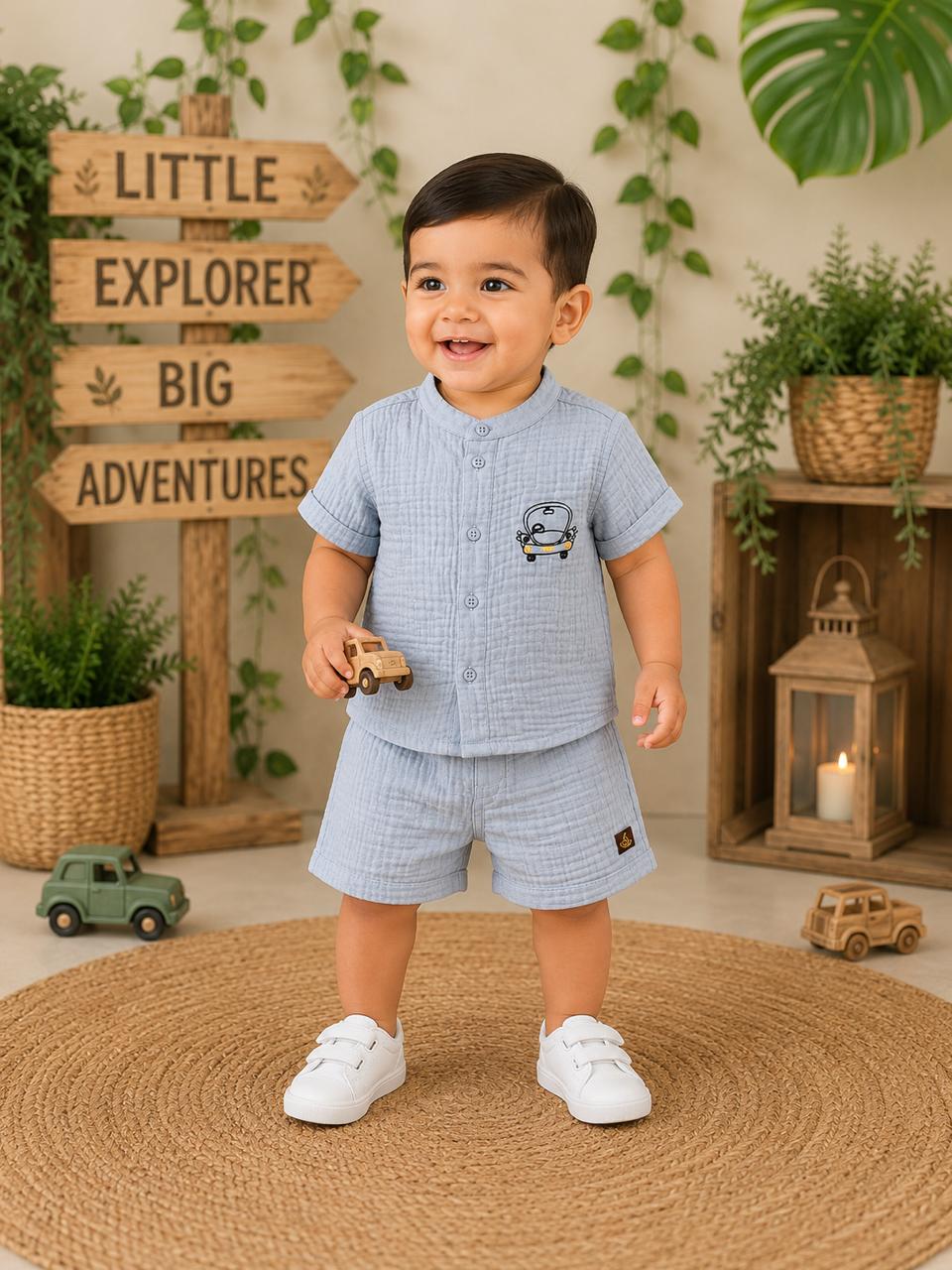 Crinkle Muslin Baby Boys Co-ord Set – Sky Blue Shirt & Shorts