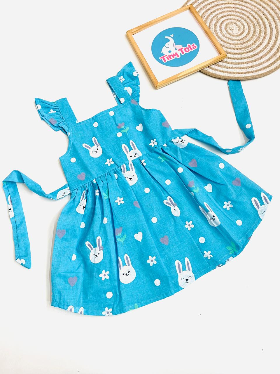 Cute Bunny Print Cotton Frock for Baby Girls – Sky Blue