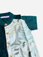 Green Silk Panel Shirt with White Pattu Dhoti for Boys – Traditional Festive Set