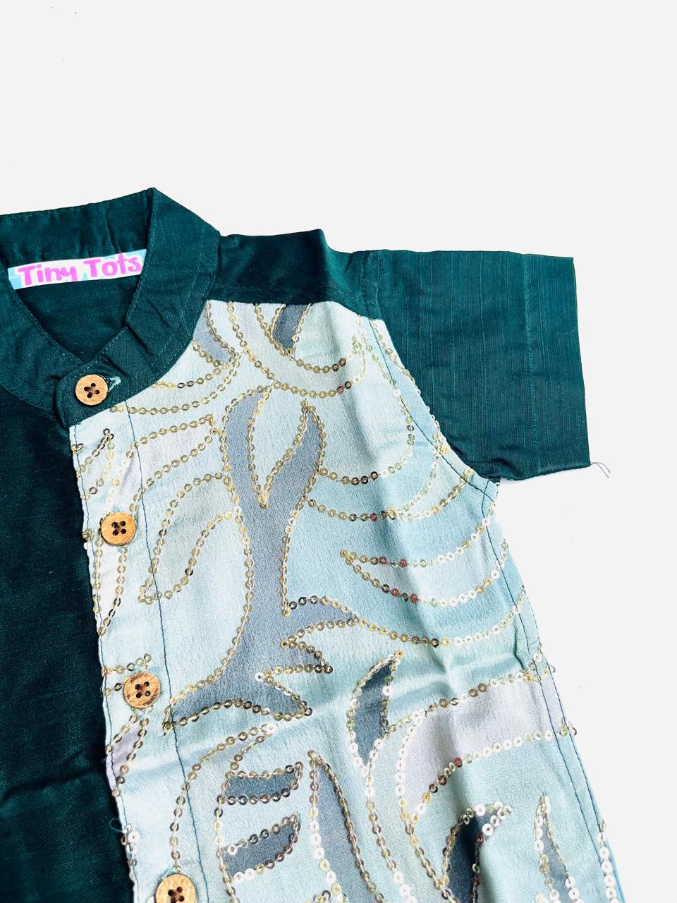 Green Silk Panel Shirt with White Pattu Dhoti for Boys – Traditional Festive Set