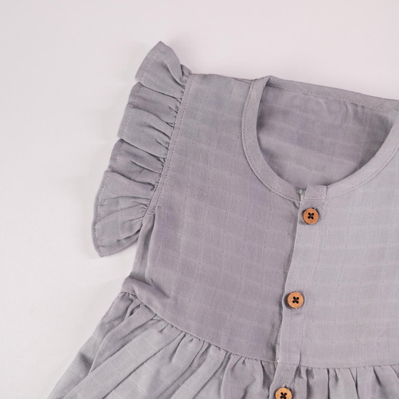 Grey Muslin Baby Frock with Wooden Buttons – Soft & Stylish