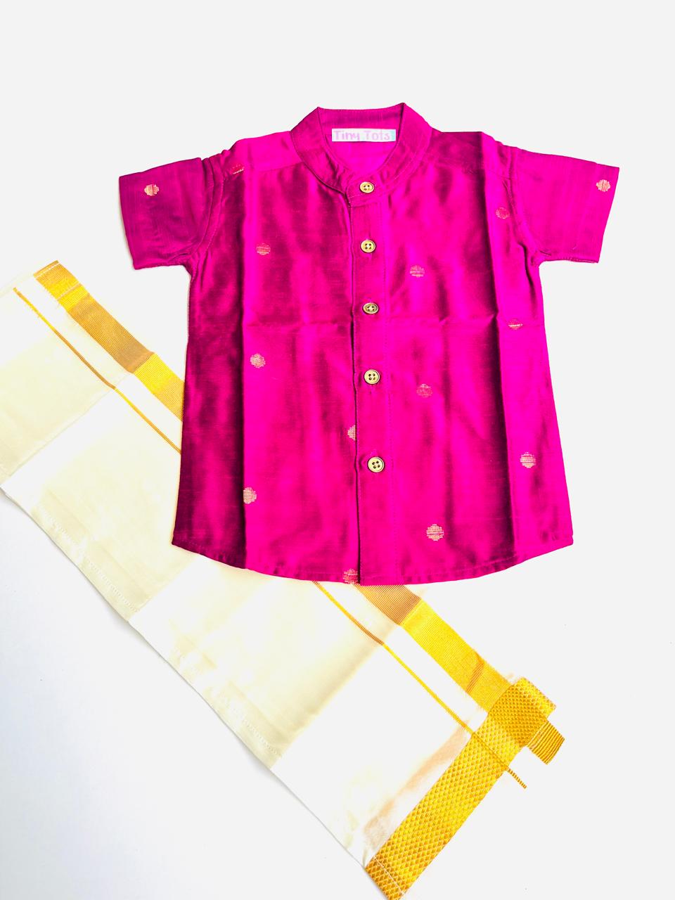 Rani Pink Silk Butta Shirt with White Pattu Dhoti for Boys – Traditional Festive Set