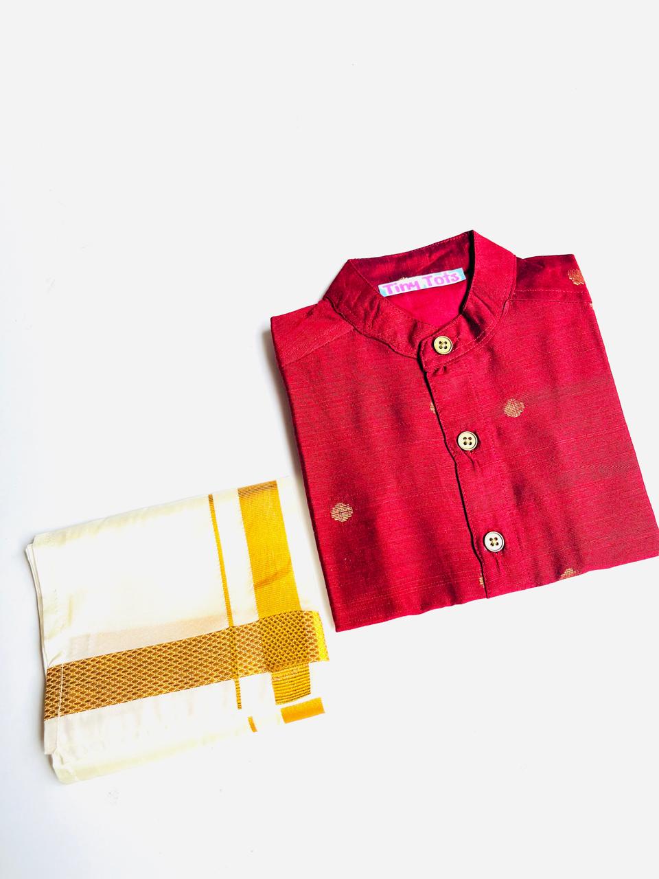Rubby Red Silk Butta Shirt with White Pattu Dhoti for Boys – Traditional Festive Set