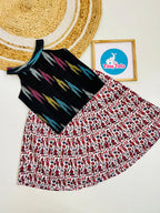 Midnight Black Ikat Top with Folk Print Skirt Set