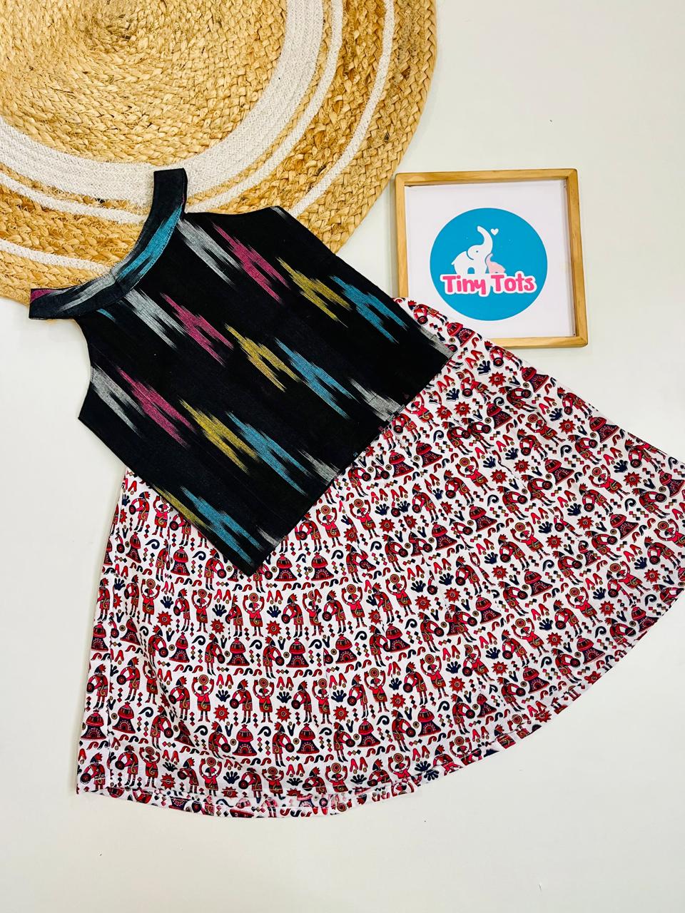 Midnight Black Ikat Top with Folk Print Skirt Set